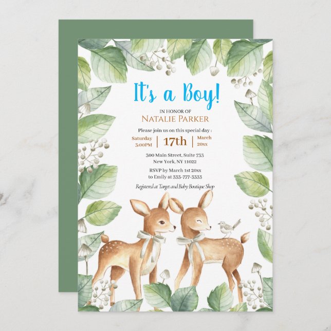 Invitación Forest Woodland Deer Floral Boy Baby Shower (Anverso / Reverso)