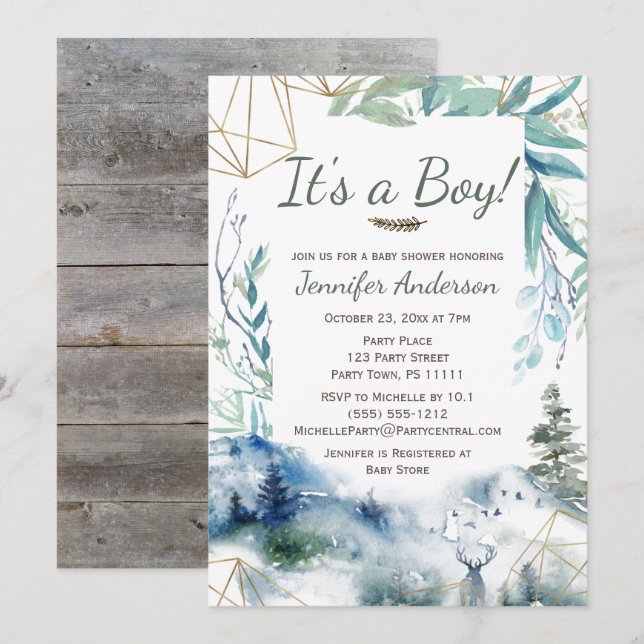Invitación Forest Woodland Gold Country Deer Boy Baby Shower (Anverso / Reverso)