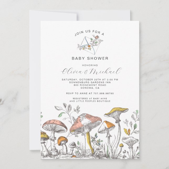 Invitación Forest Woodland Mushrooms Baby Shower (Anverso)