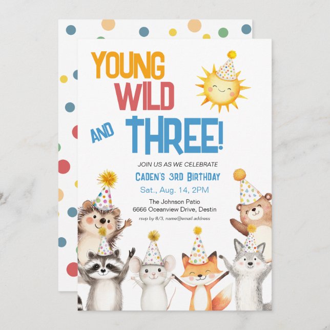 Invitación Forest Zoo Animals Party Hats 3rd Birthday (Anverso / Reverso)