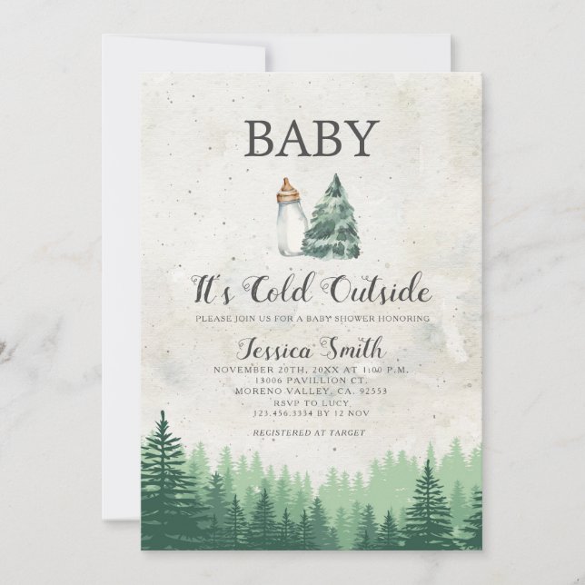 Invitación Forestal, frío fuera de Navidades Baby Shower (Anverso)