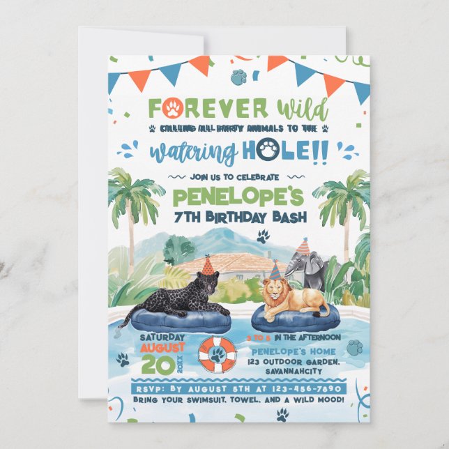 Invitación Forever Wild Animals Pool Fiesta Birthday (Anverso)