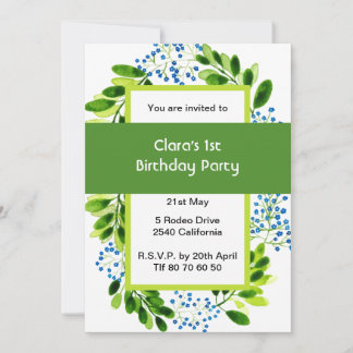 Invitación Forget-me-not blue flower 1st Birthday Green Party