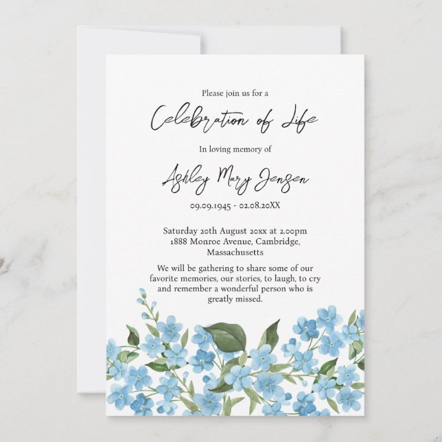 Invitación Forget me not Celebration of Life Photo Funeral  (Reverso)