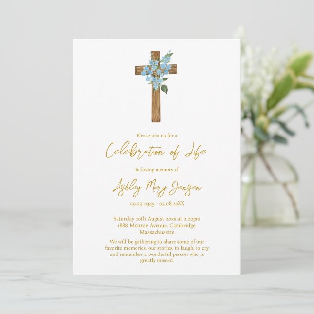 Invitación Forget me not Cross Celebration of Life Funeral (Anverso de pie)