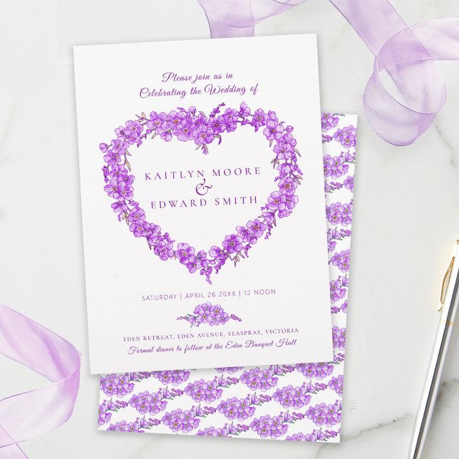 Invitación Forget-me-not heart art wedding purple white (Subido por el creador)