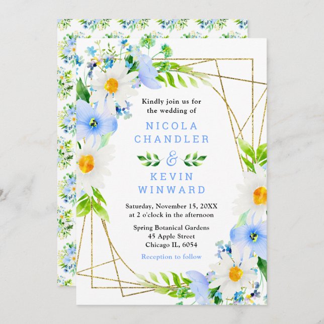Invitación Forget Me Nots and Daisies Wedding (Anverso / Reverso)
