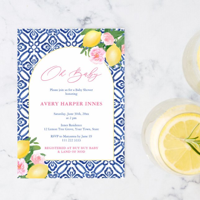 Invitación Forma de arco Lemons Baldosas azules Chica rosa Ba (Subido por el creador)