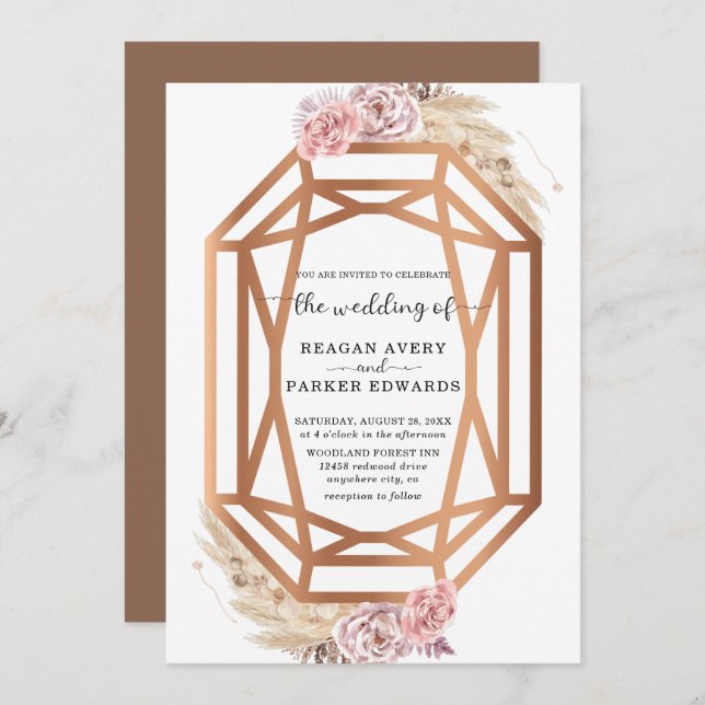 Invitación Forma de diamante Pampas secas Boda floral de gram (Anverso / Reverso)
