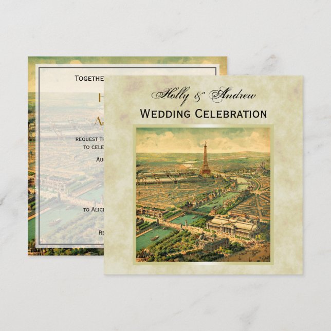 Invitación Forma de q: París antiguo molesto BG #3 SQ Boda (Anverso / Reverso)