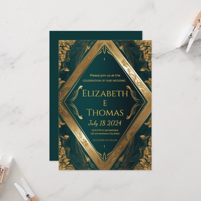 Invitación formal a la boda verde esmeralda y oro (Anverso/Reverso In Situ)