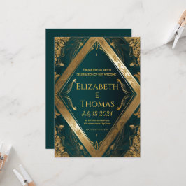 Invitación formal a la boda verde esmeralda y oro