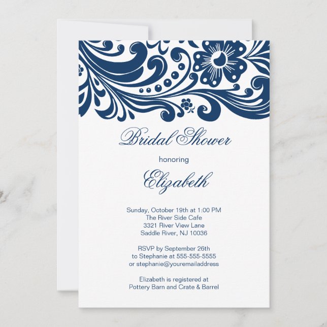 Invitación formal a la ducha nupcial floral azul (Anverso)