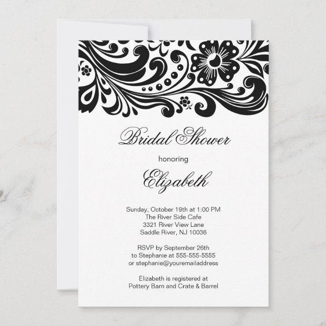 Invitación formal a la ducha nupcial floral negra (Anverso)