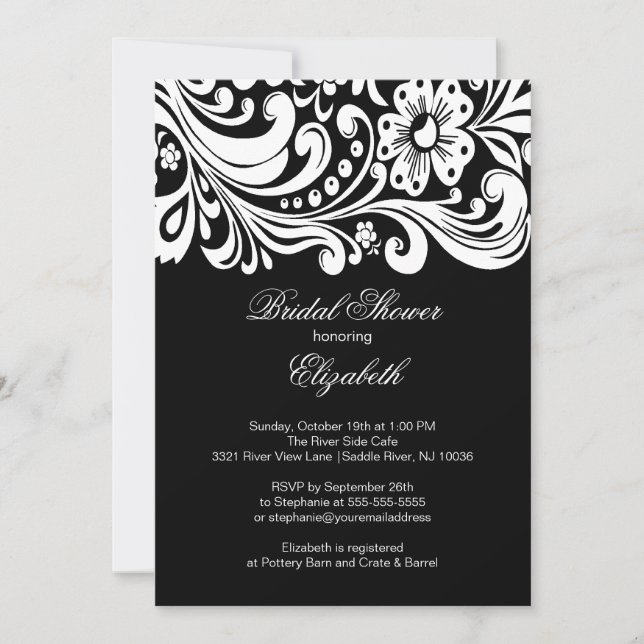 Invitación formal a la ducha nupcial floral negra (Anverso)