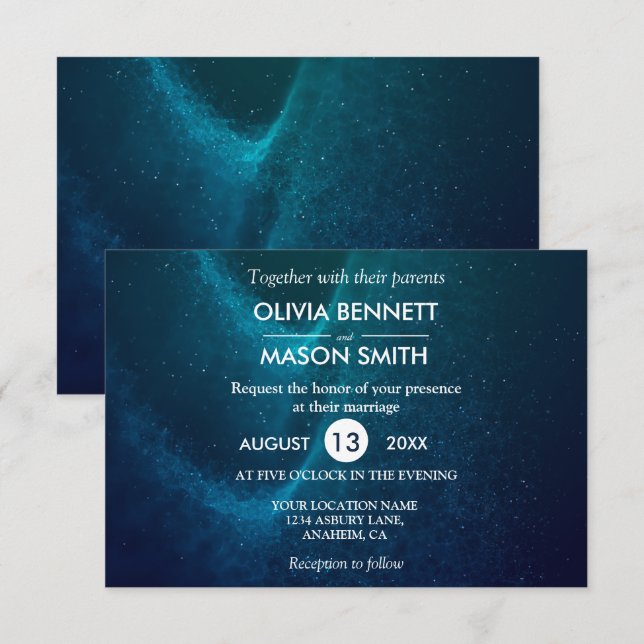 Invitación formal azul de la boda de la noche (Anverso / Reverso)