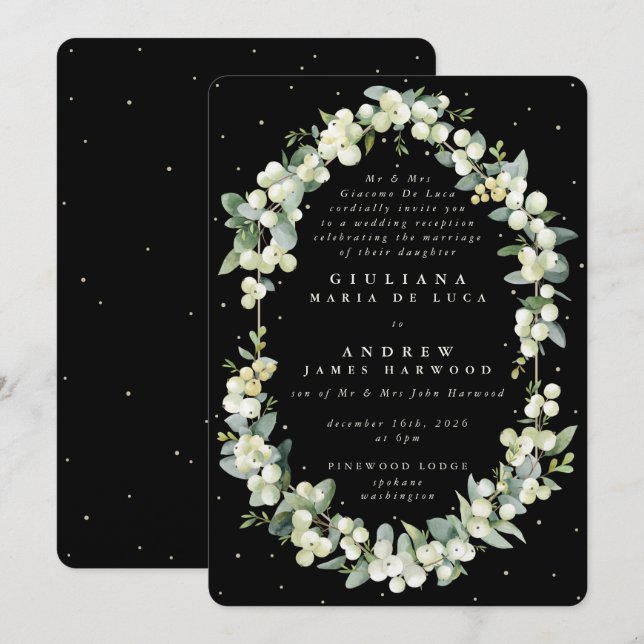 Invitación Formal Black Snowberry+Eucalyptus Reception Only (Anverso / Reverso)