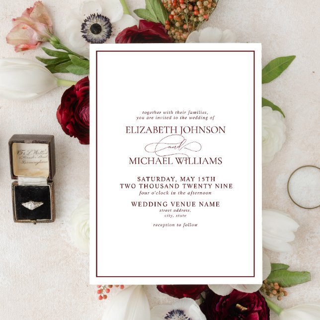 Invitación Formal Burgundy Classic Script Wedding Invitation (Subido por el creador)