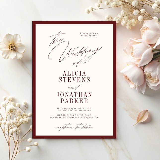 Invitación Formal burgundy ivory classic typography wedding (Subido por el creador)