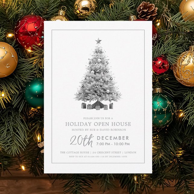 Invitación Formal Christmas Holiday Open House Silver Tree  (Formal Christmas Holiday Open House Silver Tree Invitation)