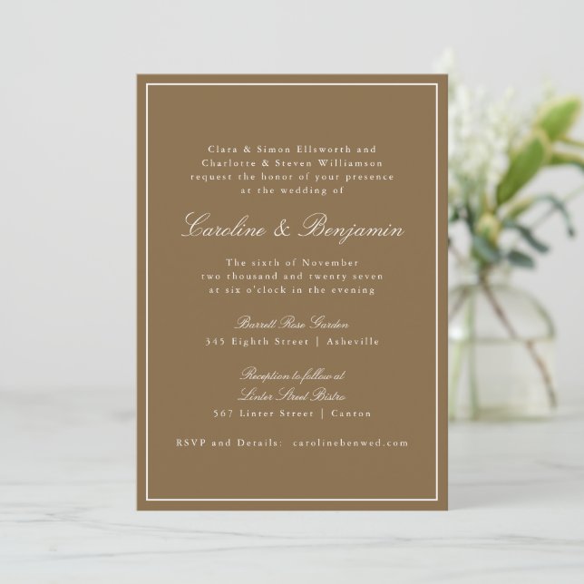 Invitación Formal Clásico Calido Marrón Script Elegante Boda (Anverso de pie)