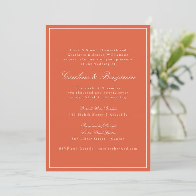 Invitación Formal Clásico Cálido Naranja Script Elegante Boda (Anverso de pie)