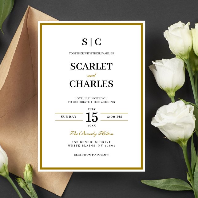Invitación Formal Classic Black Gold Monogram Wedding (Formal black and gold monogram wedding invitation creates a timeless, elegant first impression.)