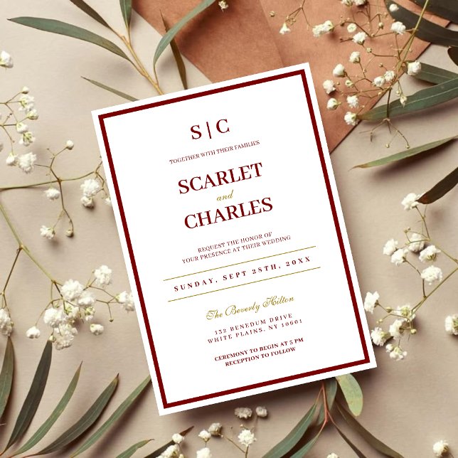 Invitación Formal Classic Burgundy & Gold Monogram Wedding (Burgundy and gold monogram wedding invitation sets an elegant tone for your special day.)
