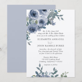Invitación Formal de Boda con Flores Azules y Gris