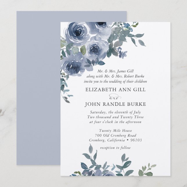 Invitación Formal de Boda con Flores Azules y Gris (Anverso / Reverso)