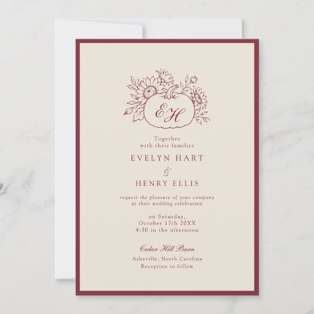 Invitación Formal de Boda de Calabaza Borgoña (Anverso)