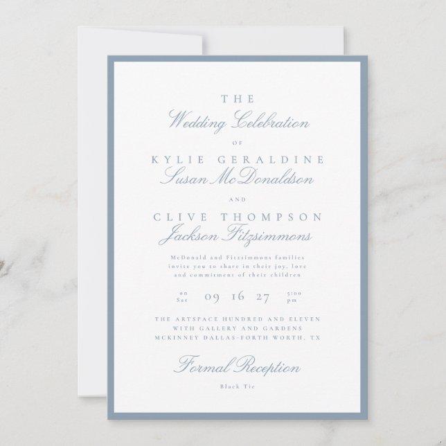 Invitación Formal de Boda en Azul Polvoriento (Anverso)