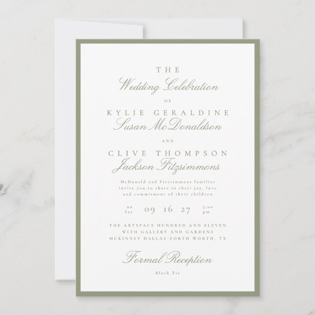 Invitación Formal de Boda en Verde Salvia (Anverso)