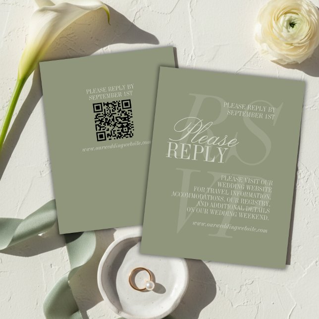 Invitación Formal de Boda en Verde Salvia con QR y (Modern Script Sage Green QR Formal Wedding RSVP Card)
