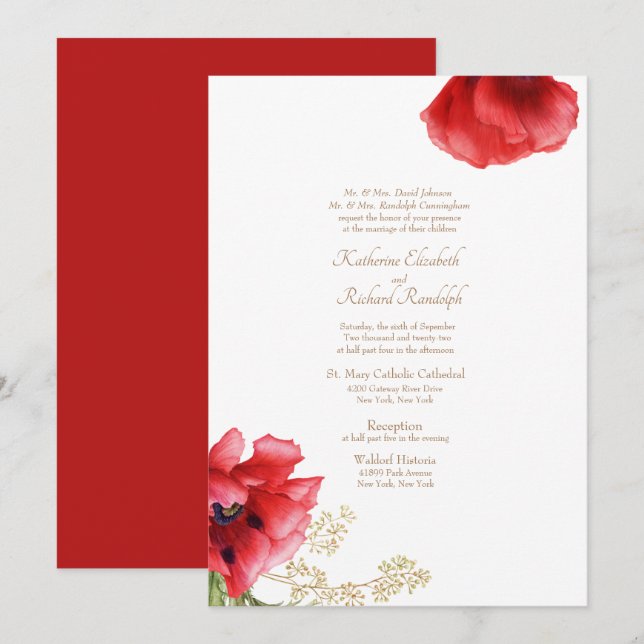 Invitación Formal de Boda Floral Roja y Dorada (Anverso / Reverso)