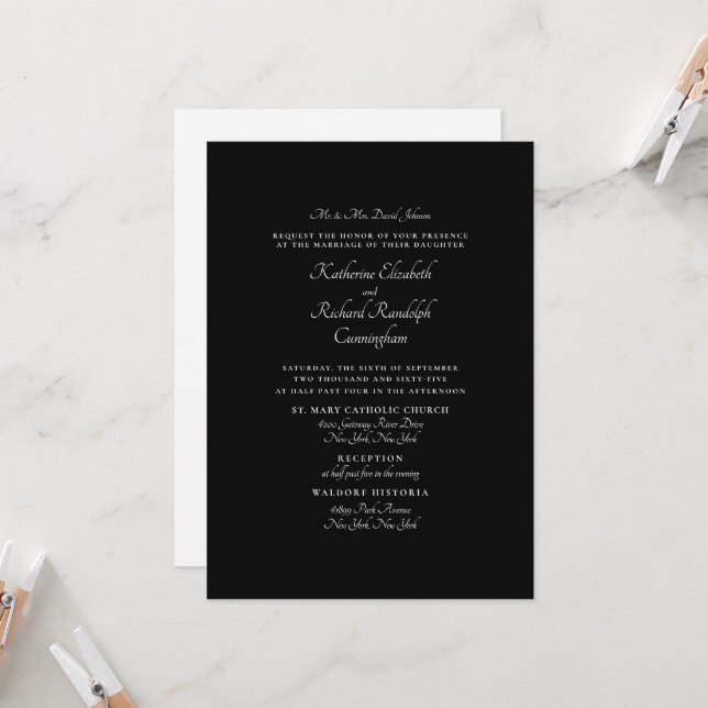 Invitación Formal de Boda Negra para Padres en Dos (Anverso/Reverso In Situ)