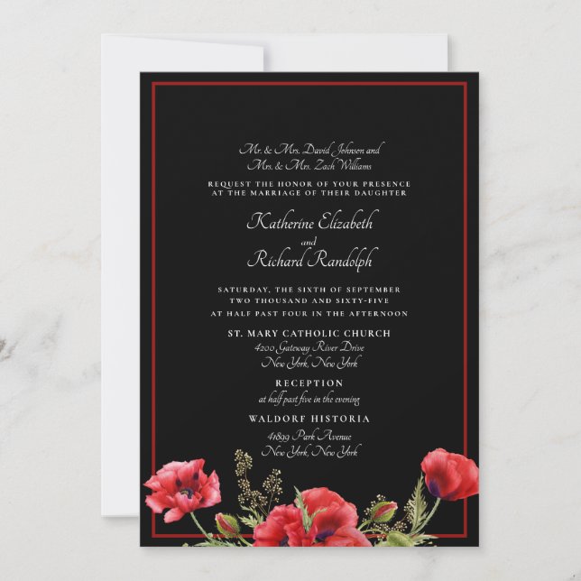 Invitación formal de bodas de Floral II en rojo y  (Anverso)