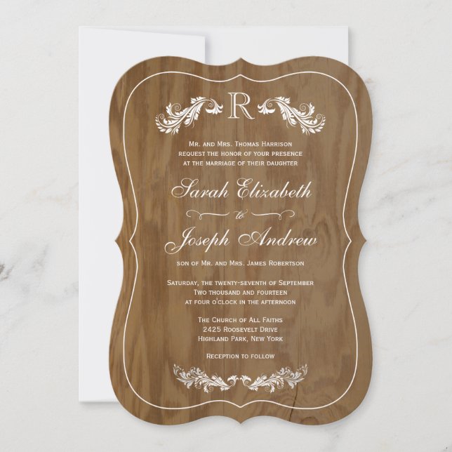 Invitación formal de bodas en monograma de madera  (Anverso)