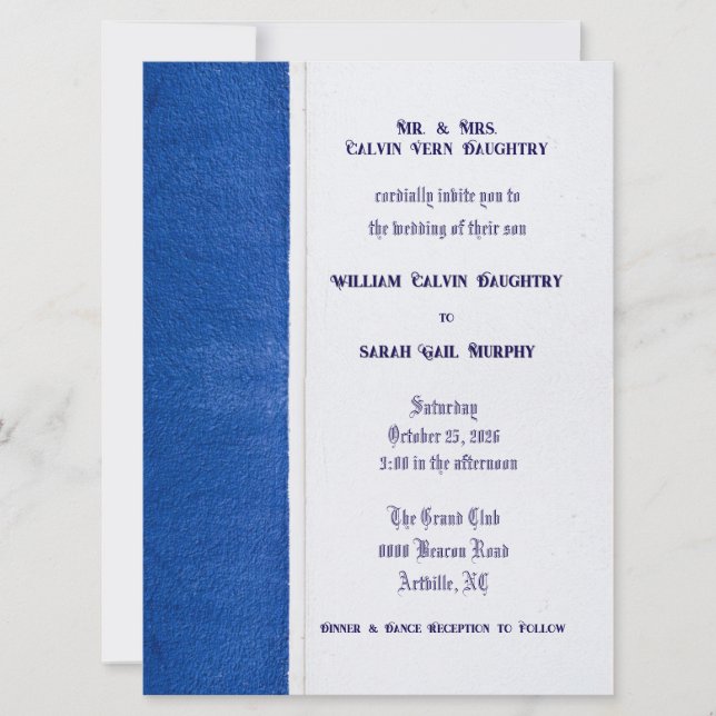 Invitación formal de casamiento plano azul (Anverso)