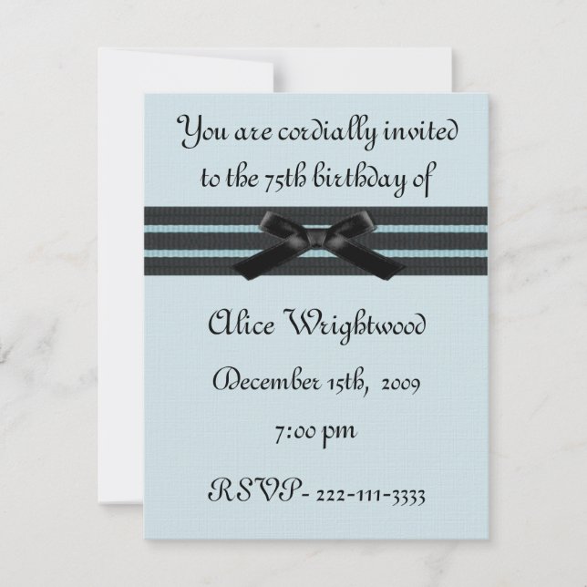 Invitación formal de cumpleaños azul y negro (Anverso)