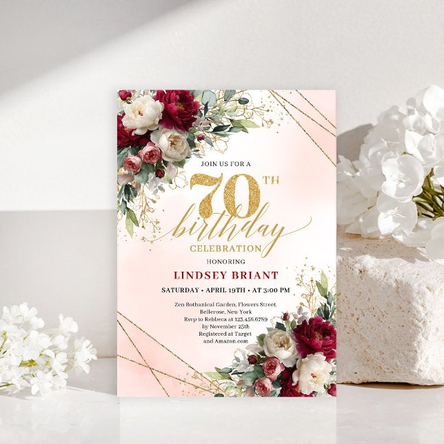 Invitación Formal de Cumpleaños Número Setenta con (Formal Gold Floral Seventieth Birthday Invitation)