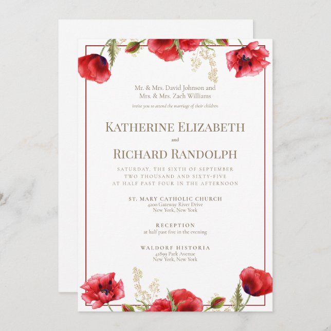Invitación formal de la boda roja y blanca floral (Anverso / Reverso)