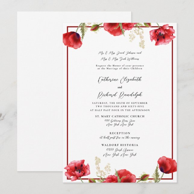 Invitación formal de la boda roja y blanca floral (Anverso / Reverso)