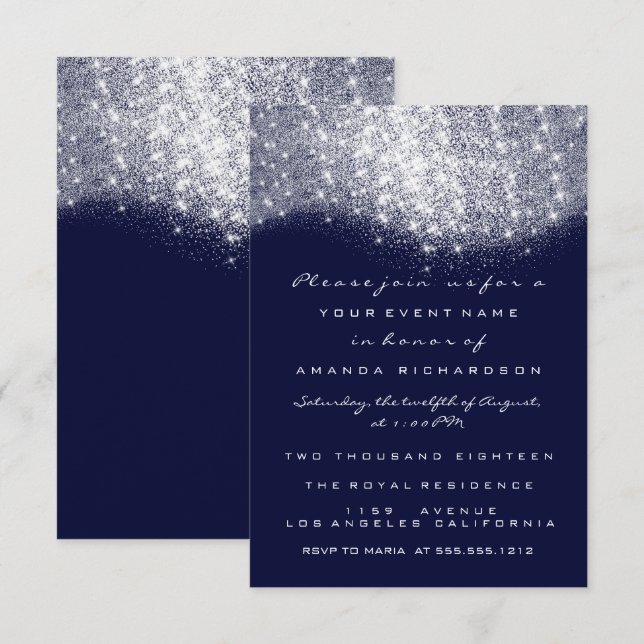 Invitación formal de la Marina Azul Purpurina gris (Anverso / Reverso)