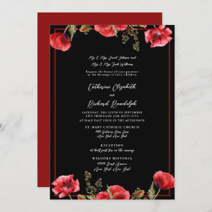 Invitación formal de matrimonio floral negro y roj