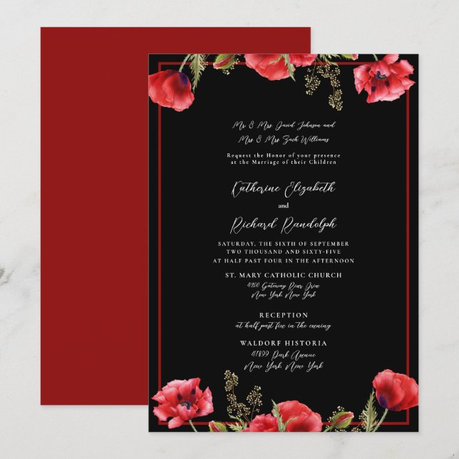 Invitación formal de matrimonio floral negro y roj (Anverso / Reverso)