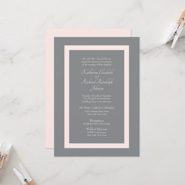 Invitación formal de matrimonio gris y rosado (Anverso/Reverso In Situ)