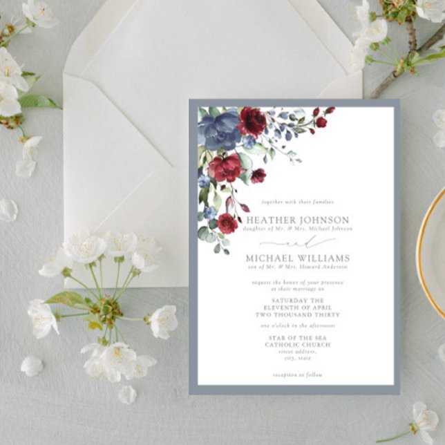 Invitación Formal Dusty Blue Burgundy Watercolor Floral (Subido por el creador)