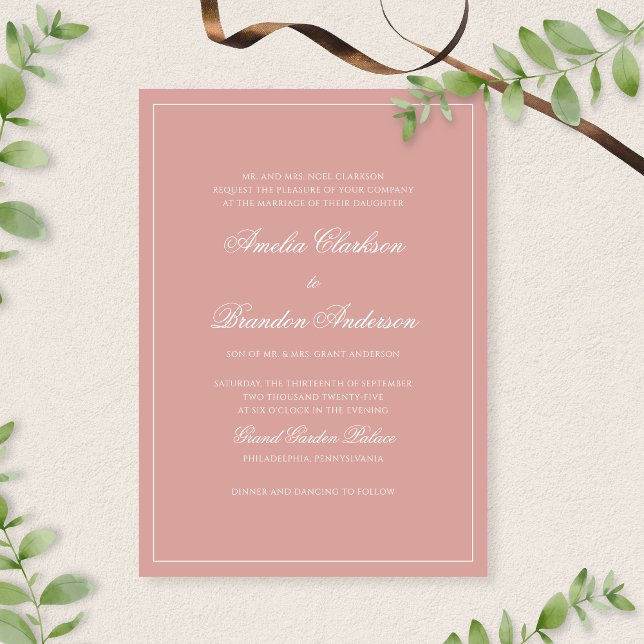 Invitación Formal Dusty Rose & White Border Script Wedding (Subido por el creador)
