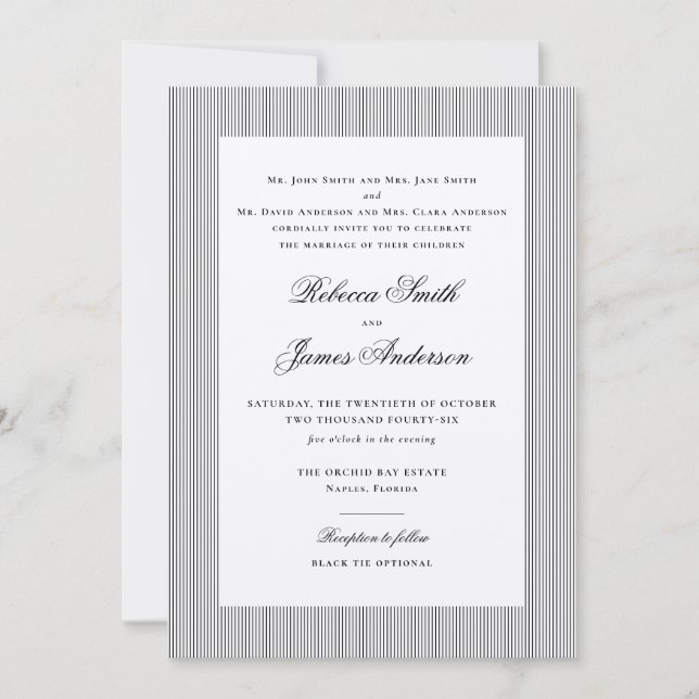 Invitación Formal Elegant Classic Black Stripes Wedding (Anverso)